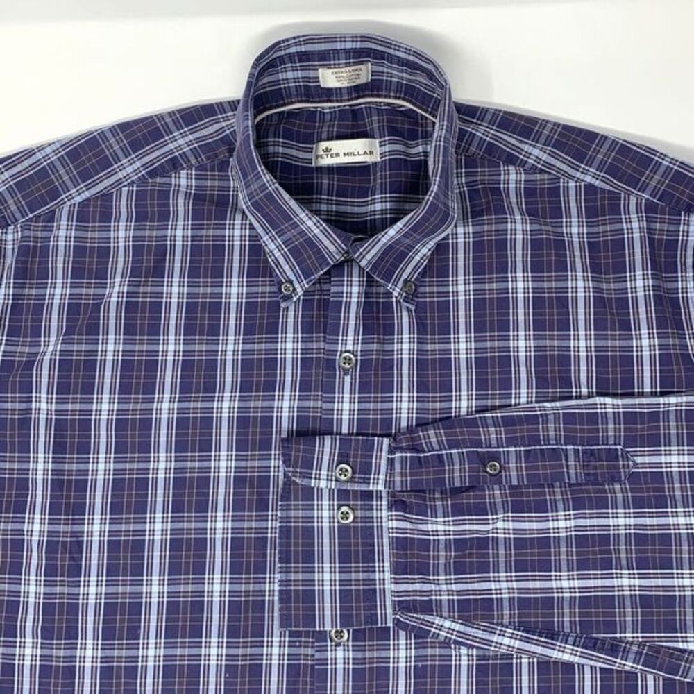 Peter Millar Navy‎ Blue Plaid Cotton Long Sleeve Button Up Men's Shirt Size XL